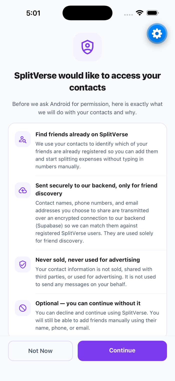 SplitVerse contacts permission explanation screen