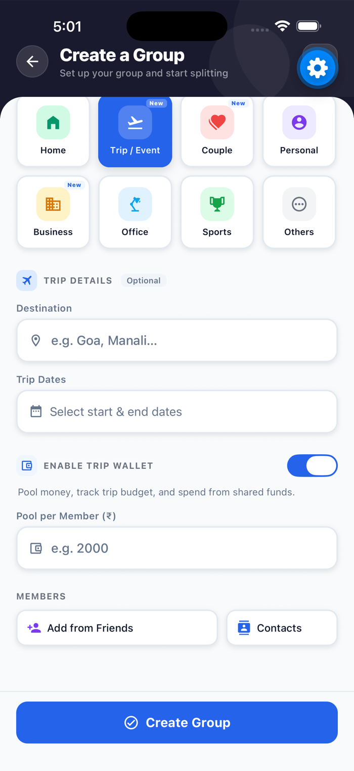 SplitVerse trip details screen with shared trip wallet setup