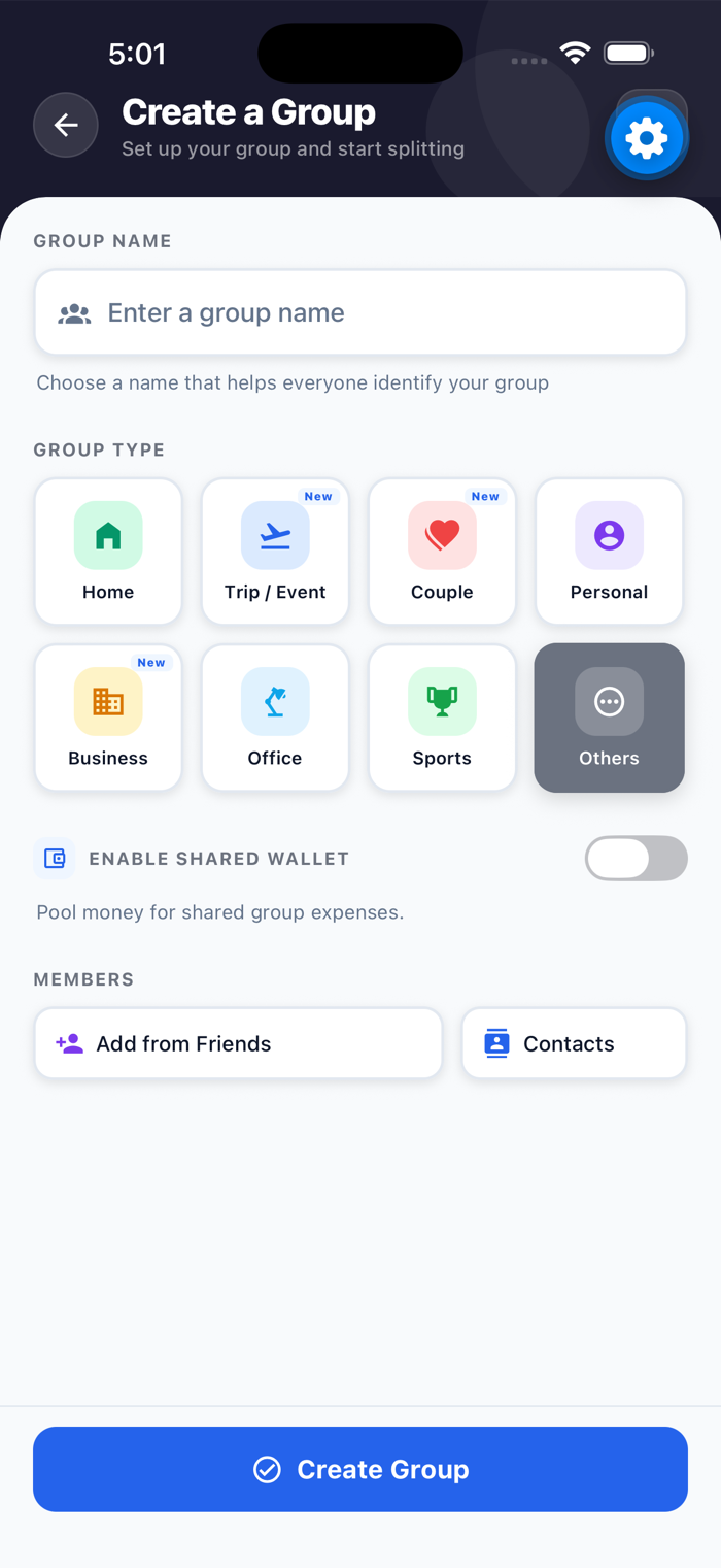 SplitVerse create group screen with group type options