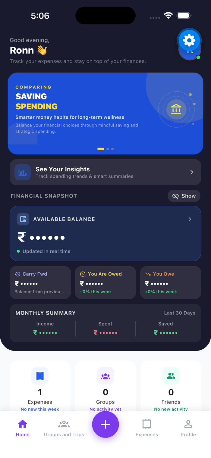SplitVerse home dashboard with available balance and monthly summary