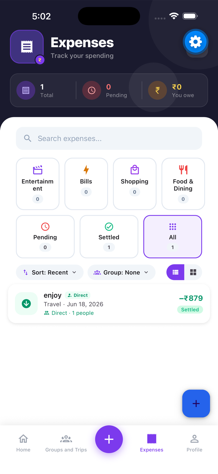 SplitVerse expense tracking screen showing categories, search and settlement status