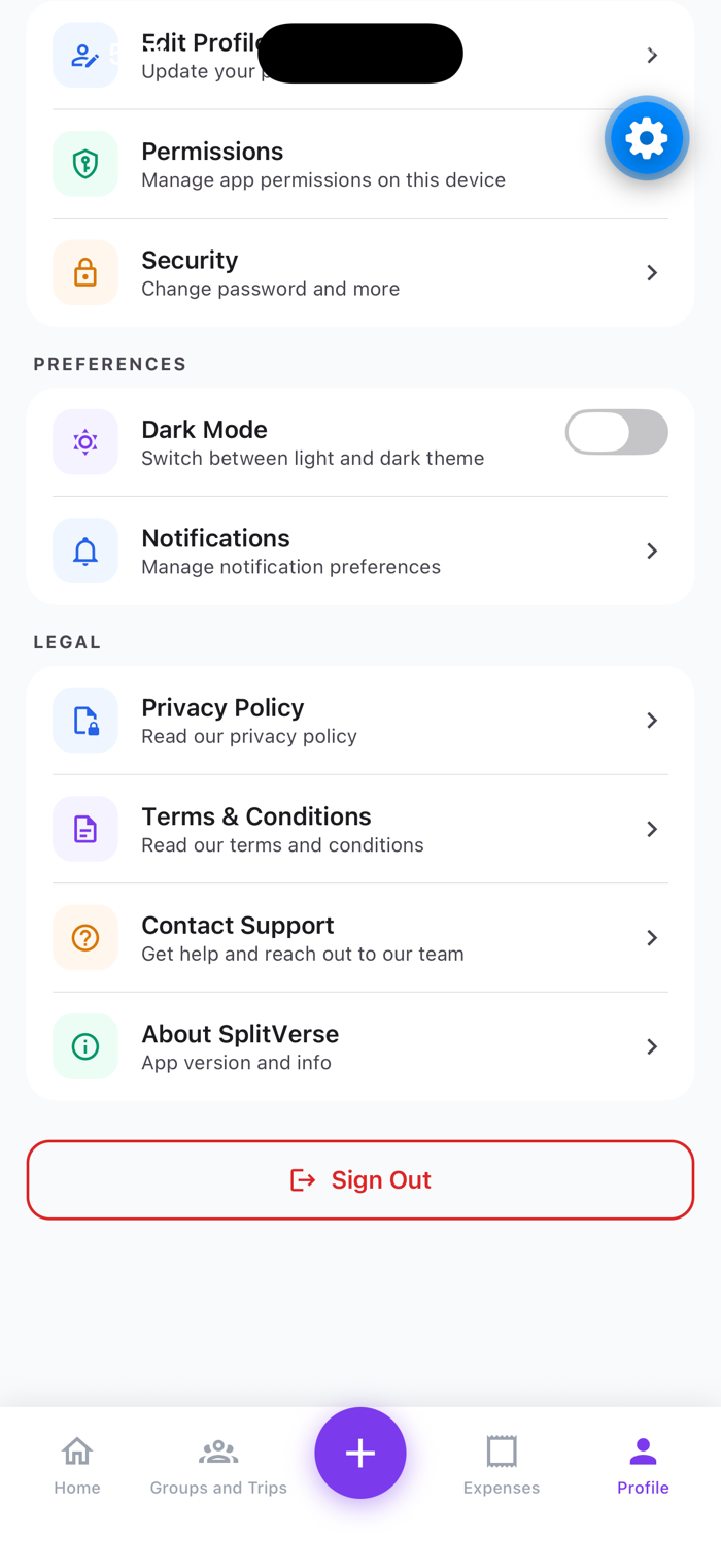 SplitVerse profile settings screen with preferences, privacy and security